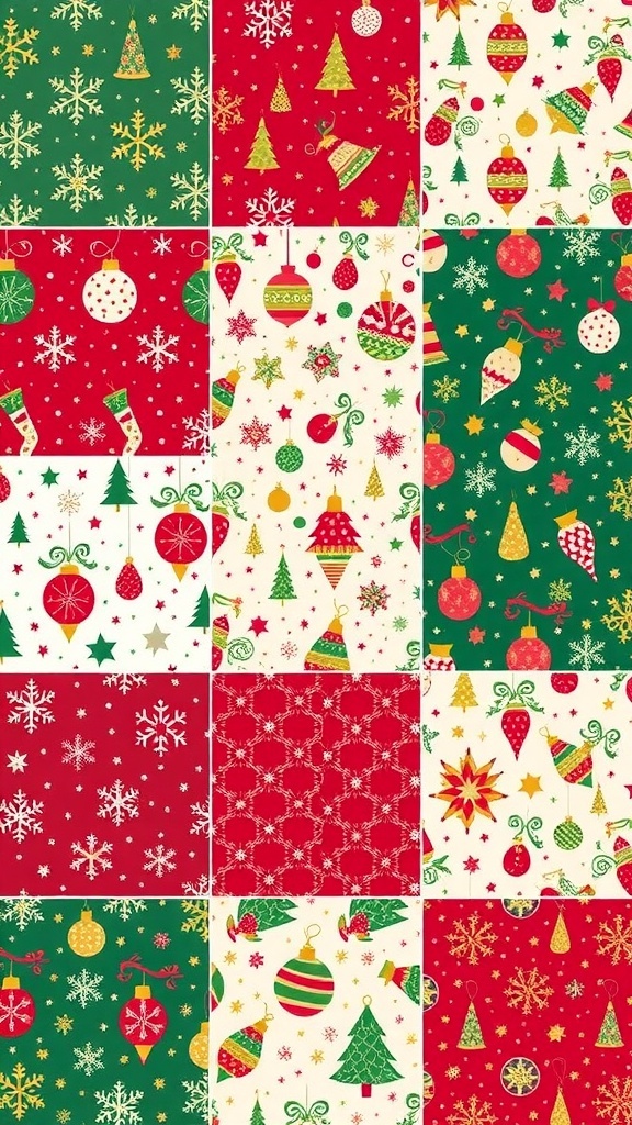 A collection of Christmas wallpaper patterns featuring snowflakes, trees, and ornaments in festive colors.